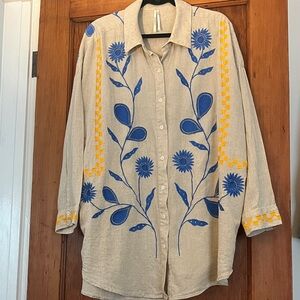 Floral Embroidered Button Down Shirt - Beige and Blue